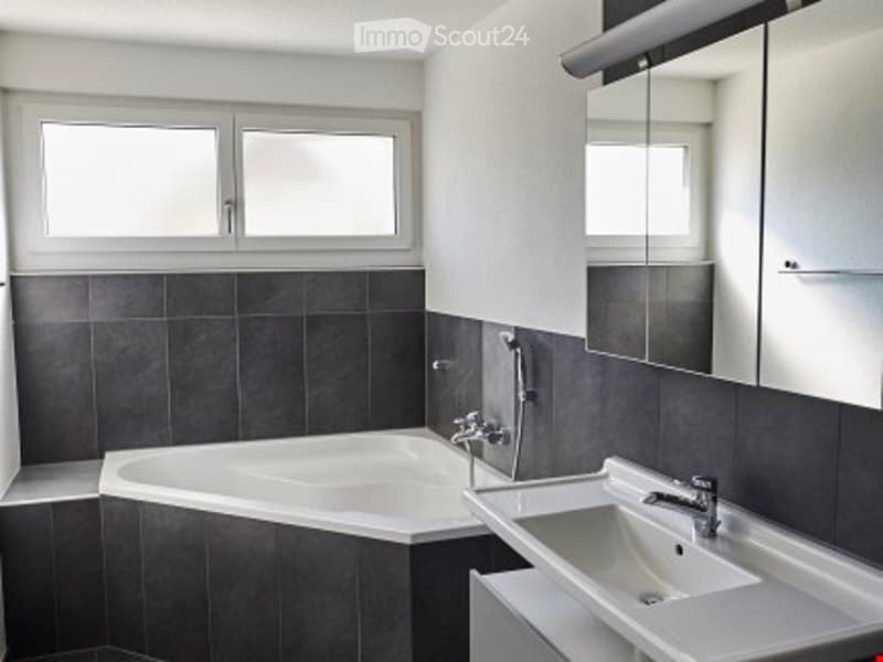 white bathtub, white sink, large mirror, windows, tiled walls