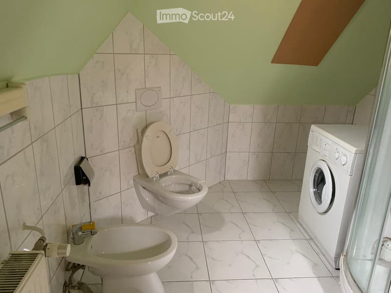 Small bathroom with toilet, bidet, washing machine, and shower.