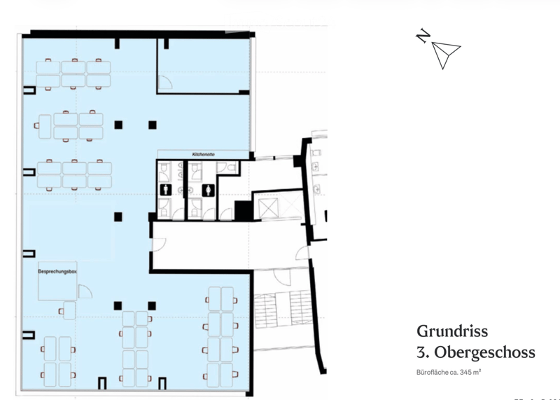 top floor plan, designated rooms, kitchen, bathroom, hallway, multiple rooms, reception area