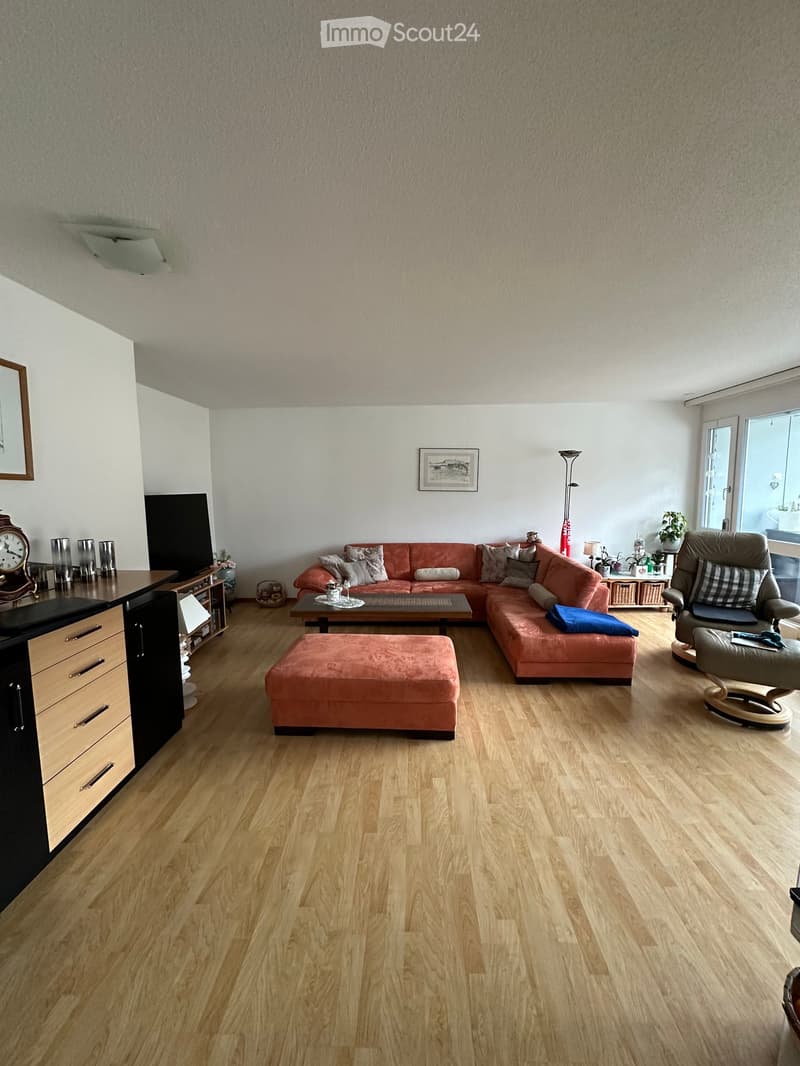 L-shaped orange sofa, coffee table, ottoman, large flat screen TV, floor lamp, kitchen island, cabinets, drawers, clock, plants, picture frame
