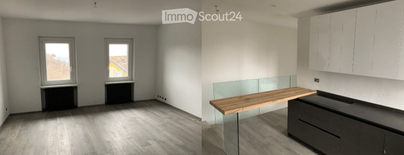 Empty kitchen with wooden table, windows, white walls, wooden floor