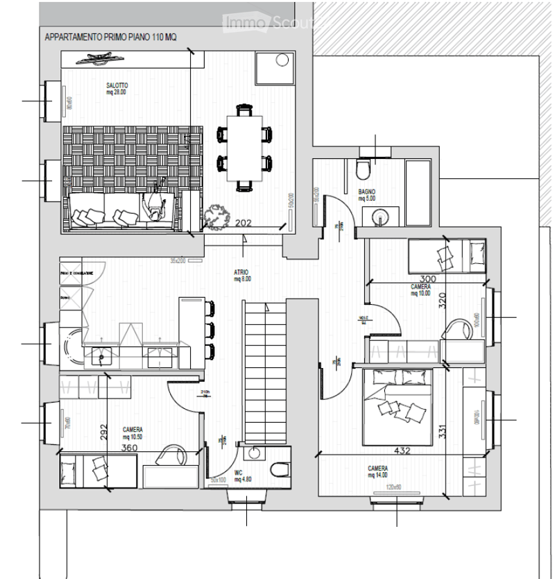 2 bedrooms, 2 bathrooms, living room, kitchen, dining room, office, balcony, laundry room