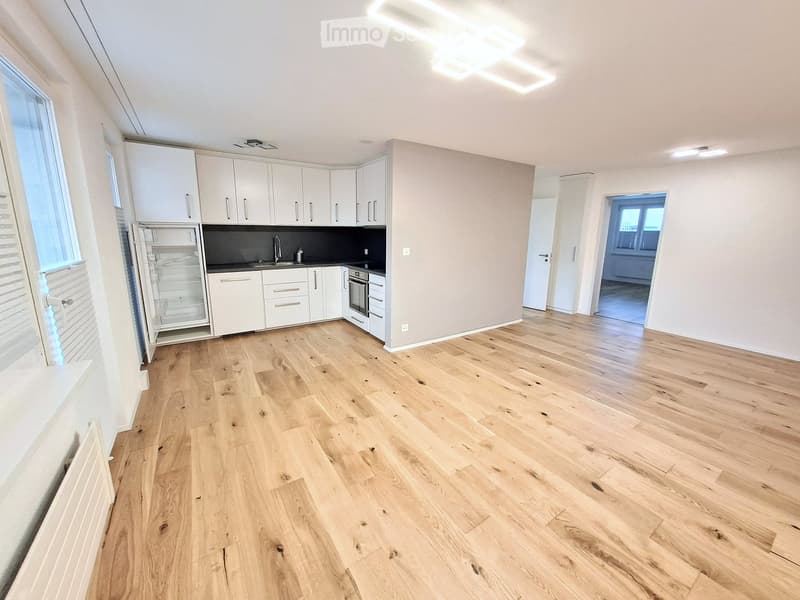 Modern kitchen with wooden floors, white cabinets, stainless steel appliances, a refrigerator, sink, and countertops.