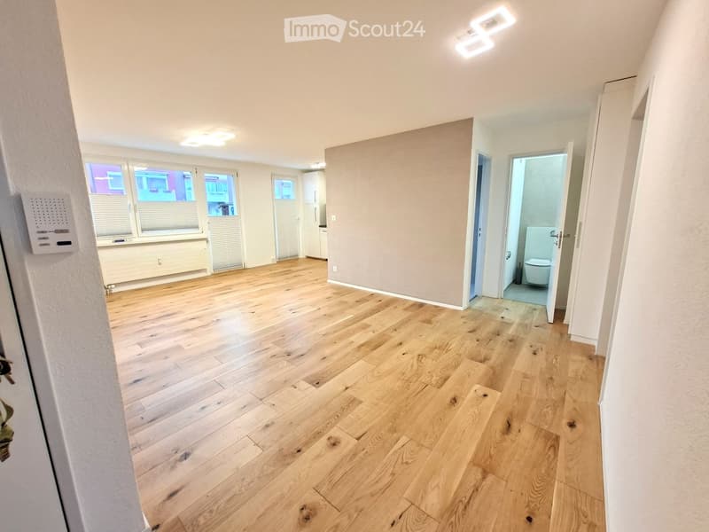 empty room, wooden floor, windows, bathroom entrance, white walls, ceiling lights