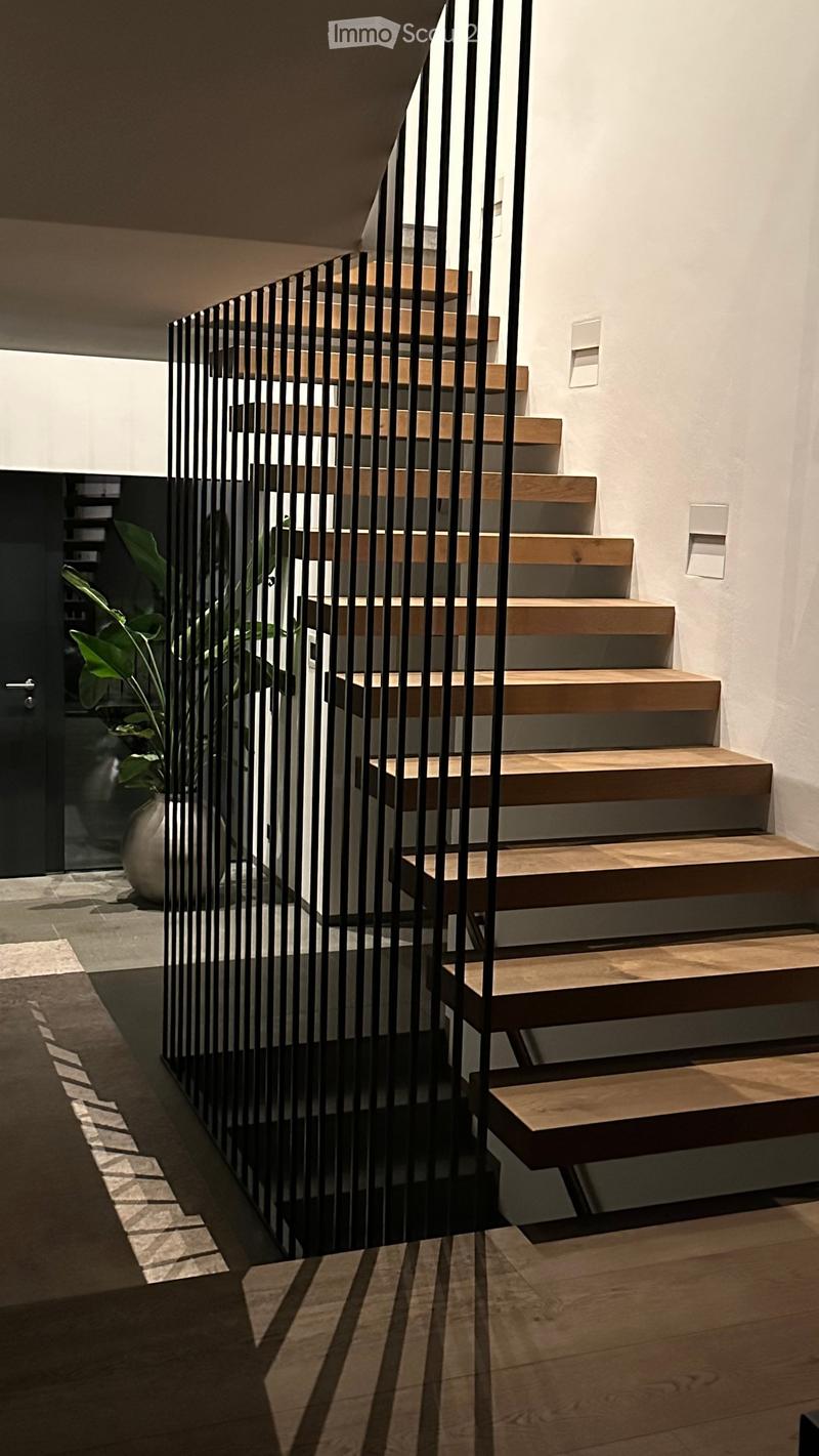 Modern staircase with wooden steps and black metal railings, large green plant, wooden floor