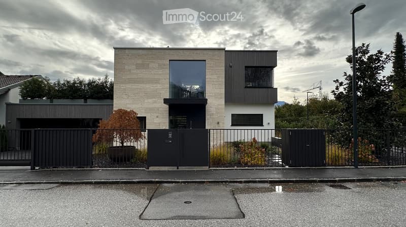 Modern house, two story, concrete and stone facade, large windows, black fencing, trees, and plants in the garden
