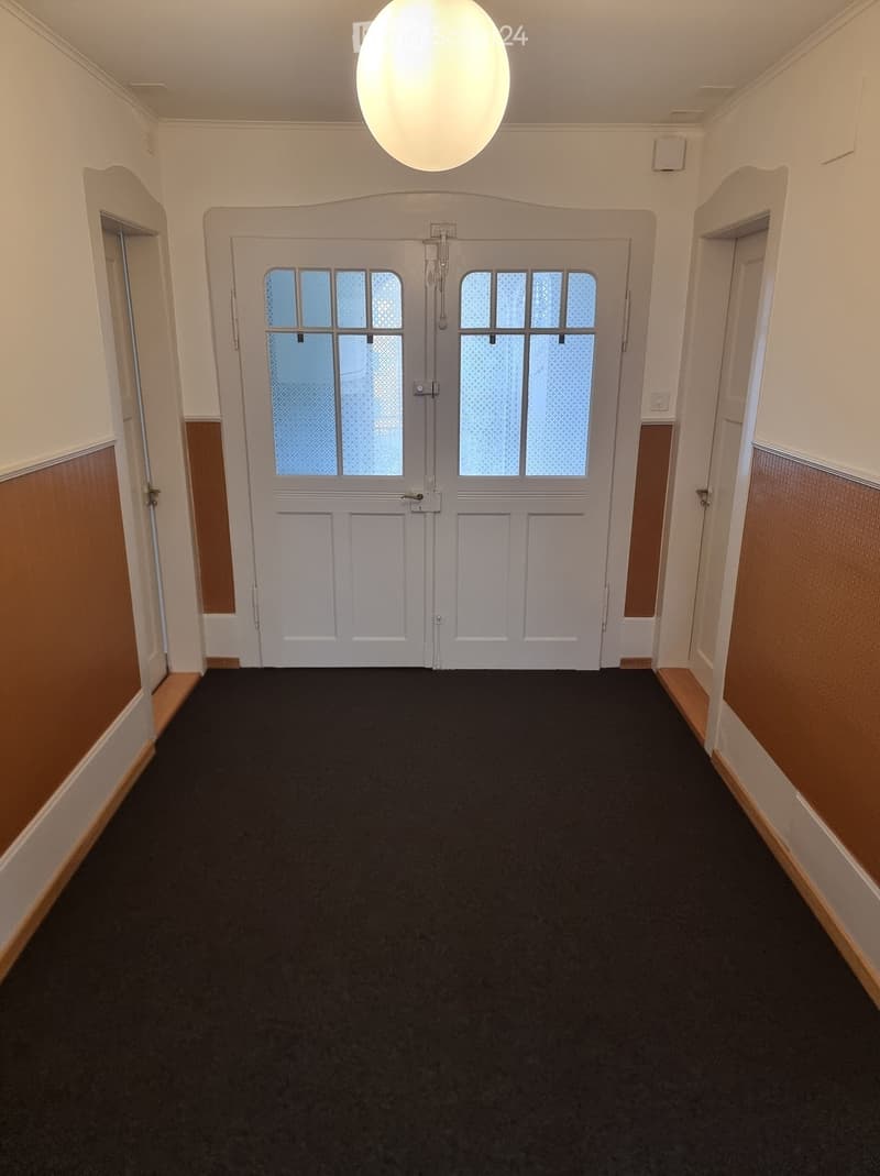 Empty hallway with double doors, black carpet, white walls, wooden panels, white ceiling, single lamp