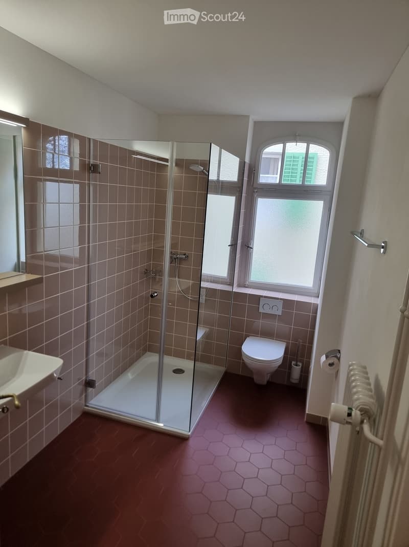 bathroom with a shower, sink, toilet, radiator, window, toilet paper holder, mirror, and tiled flooring