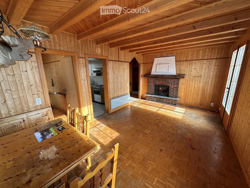 wooden walls, wooden floor, dining table, fireplace