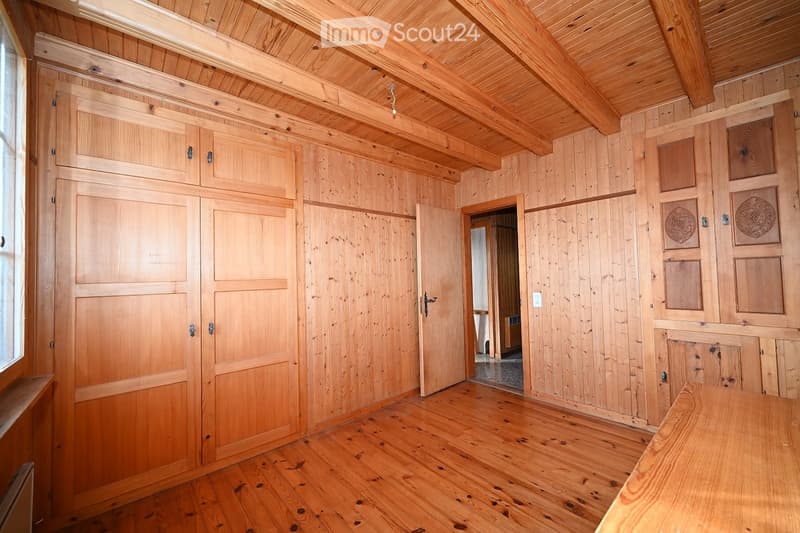 Empty room with wooden walls, wooden floor, large closets, open door