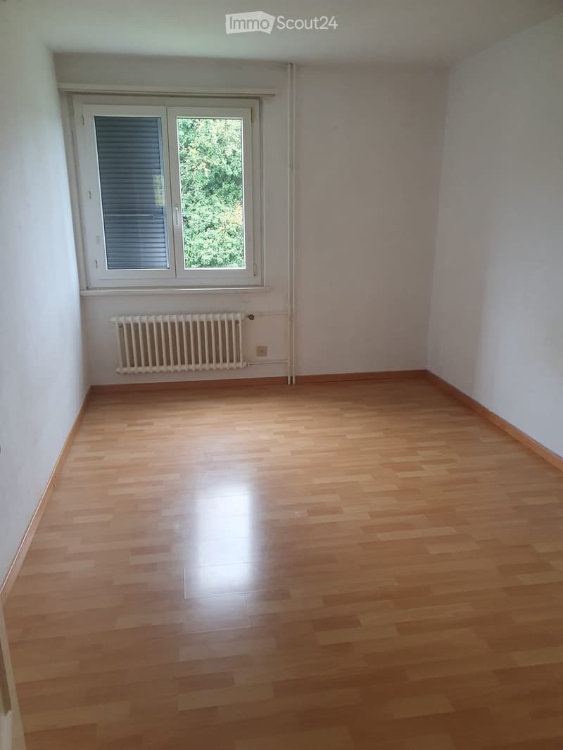 Empty room with white walls, wooden floor, window with blinds, white radiator