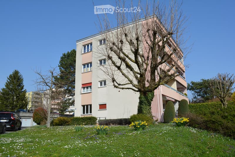 3 story apartment building, beige and pink paint, balconies, green hedges, bushes, flowering plants