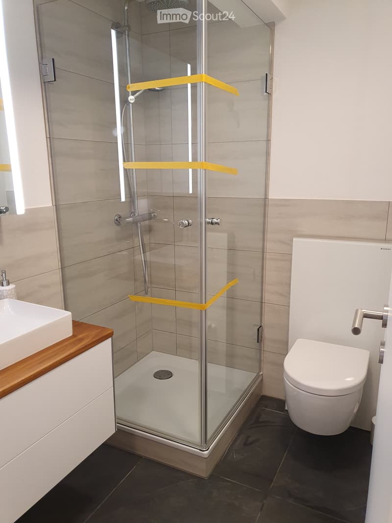 The bathroom has a modern shower with a glass enclosure, a white toilet, and a wooden countertop with a white sink.