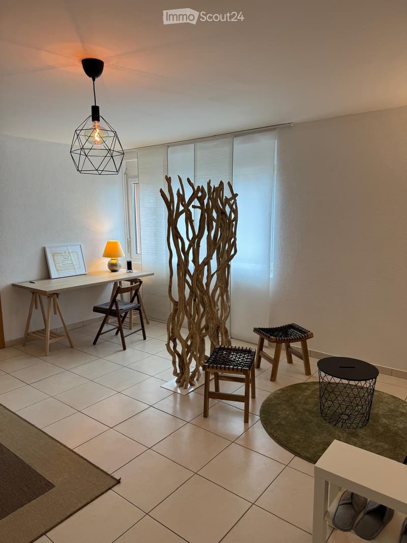 white tiled floor, wooden desk, lamp, chair, decorative wood, stools, light fixture, framed picture, round rug, wire basket, slippers