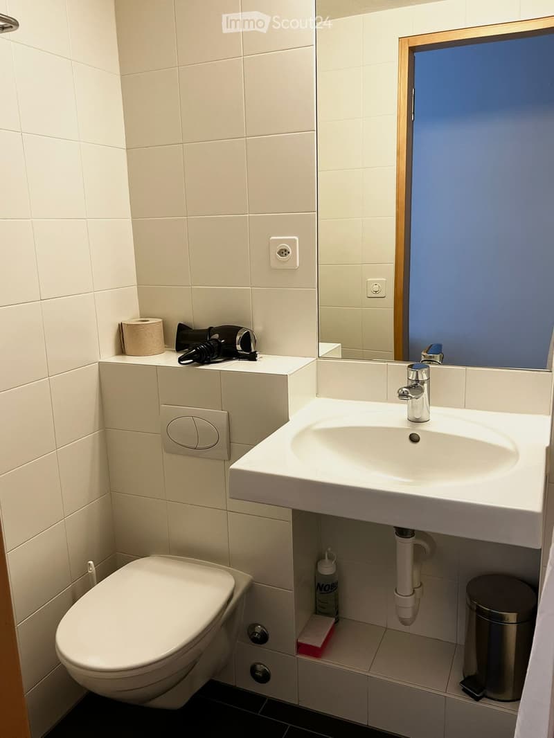 modern bathroom with white tiles, white sink, mirror, toilet, trash bin