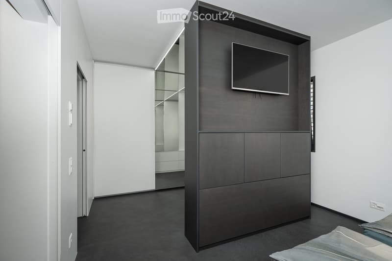 modern room with a large wardrobe, a flat screen TV, and a mirror