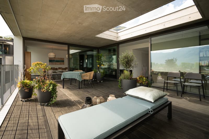 wooden floor, outdoor table and chairs, lounge bed, potted plants, glass walls, skylight
