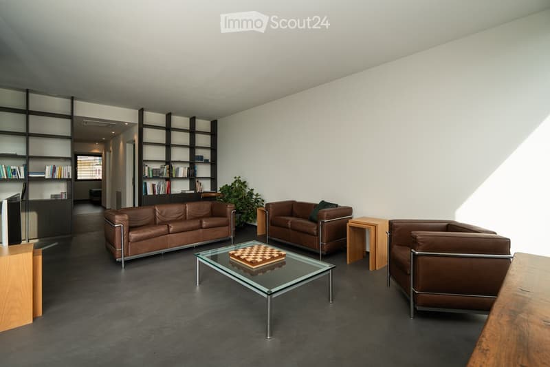 modern living room with brown leather sofas, glass coffee table, wooden side tables, bookshelves, chess board, plant
