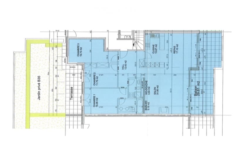 Floor Plan. Floor plan showing a layout with a living area, three bedrooms, a bathroom, a WC, a kitchen, a dining area, a hallway, a terrace, and a private garden.
