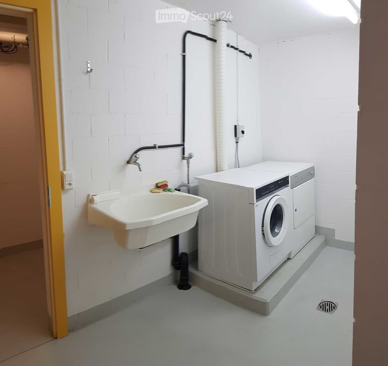 washer, sink, yellow wall, white wall