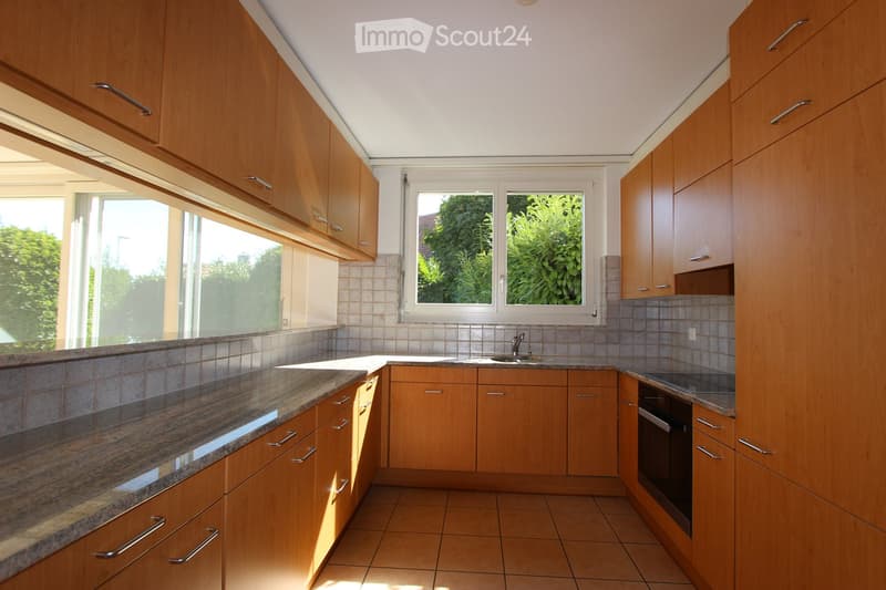 kitchen with wooden cabinets, granite countertop, large windows, stainless steel appliances