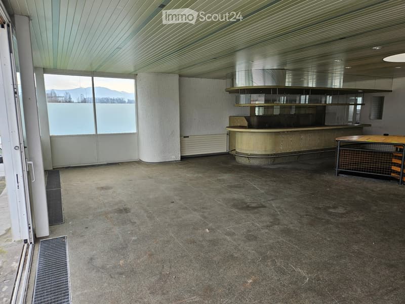Empty room with gray concrete floor, two glass walls, and an open door, counter with shelves