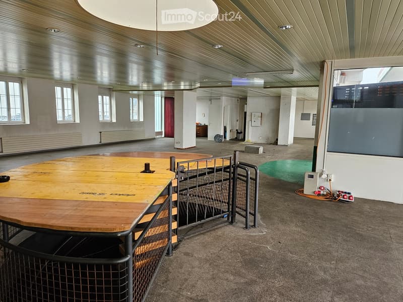 empty large room, white walls, many windows, steel railing around wooden platforms