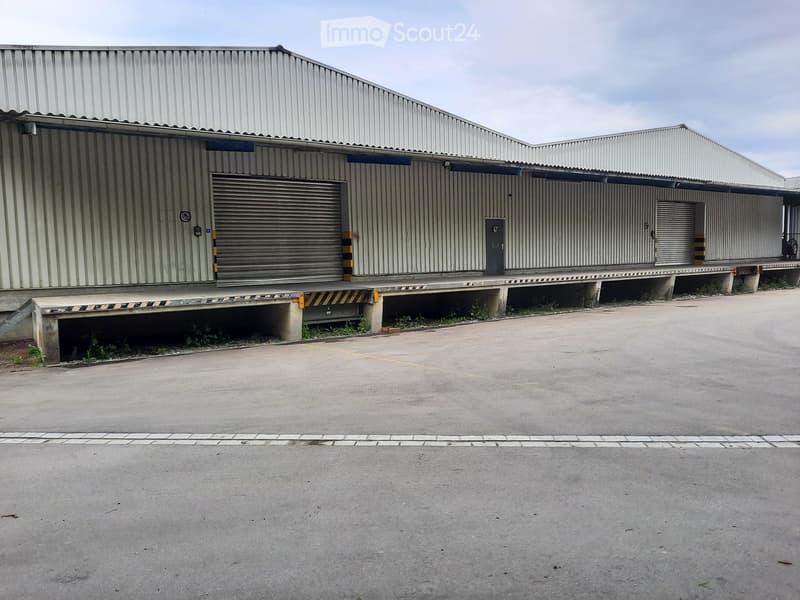 Industrial building with roller doors, concrete ramp, parking lot