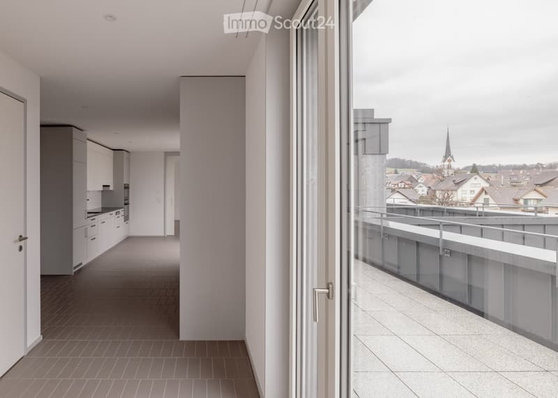 modern kitchen, hallway, balcony with railings, large windows