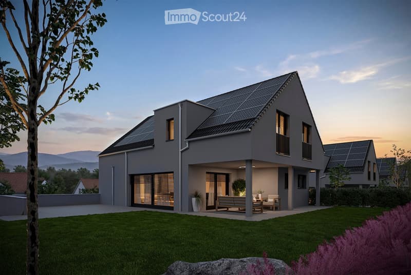 modern house, solar panels, large windows, terrace, garden, lawn, mountains in the background