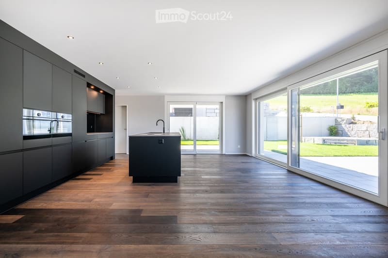 empty kitchen, modern design, large windows, wooden floors, stainless steel appliances