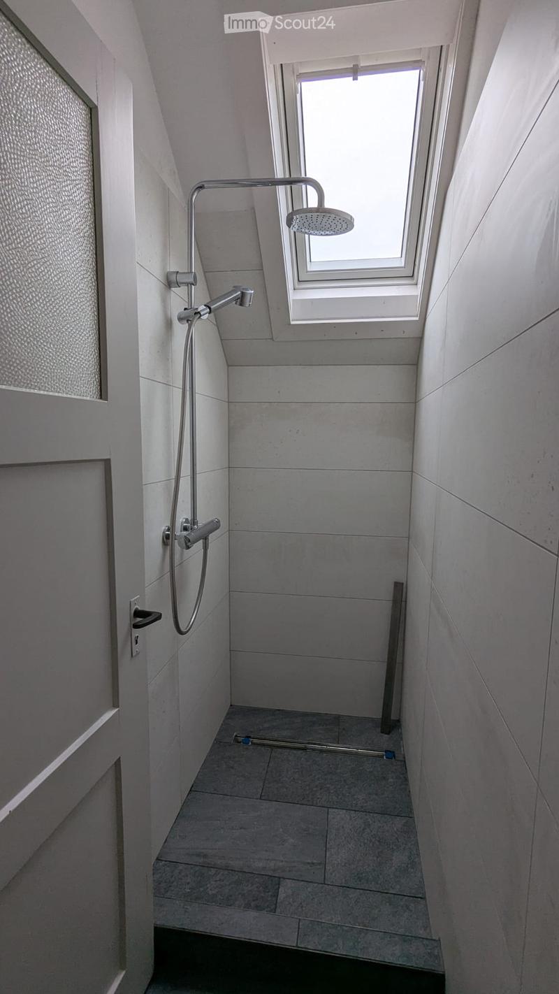 raised ground floor, small shower, ceiling mounted shower head, white tiled walls, ceiling light, skylight