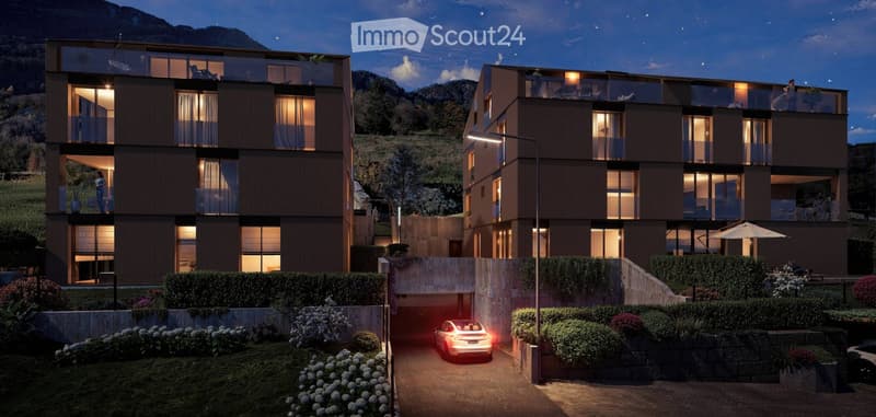 2 story house, brown exterior, multiple balconies, garage, garden, mountain view