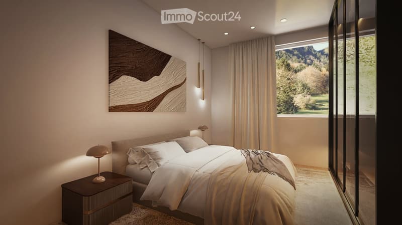 A bedroom with a bed, nightstand, lamp, artwork, and a window with a view of the mountains.