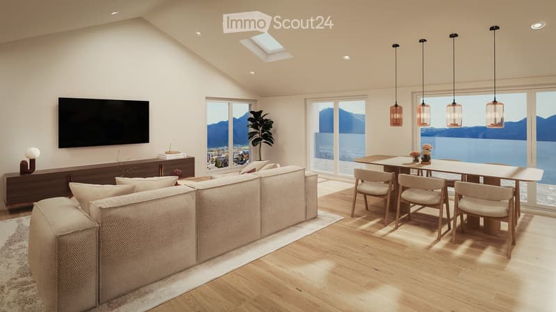 large sofa, wooden floor, large windows, dining table, TV, wooden table, wooden chairs, wooden cabinet, pendant lights