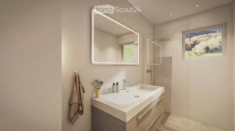Bathroom with a white sink, mirror, shower, and a window with a view of the outside.