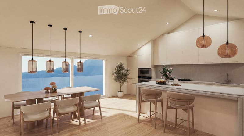 Dining area with a large window, wooden table, chairs, pendant lights, kitchen island, bar stools, potted plant, kitchen appliances