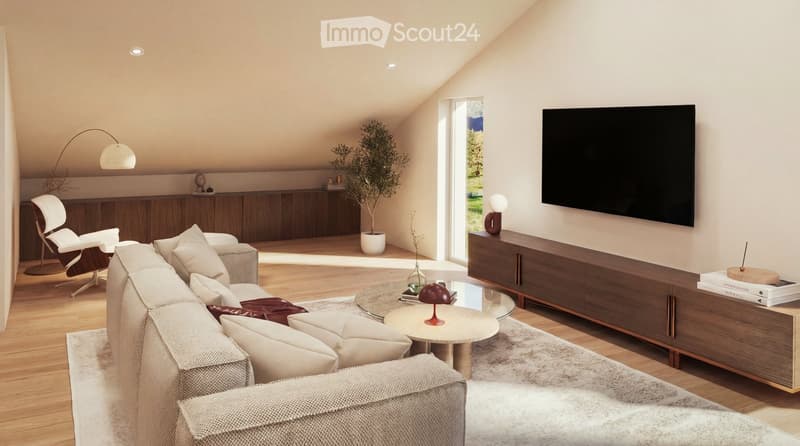 modern living room with beige sofa, wooden floor, glass coffee table, TV, wooden cabinet, floor lamp, armchair, potted plant, carpet