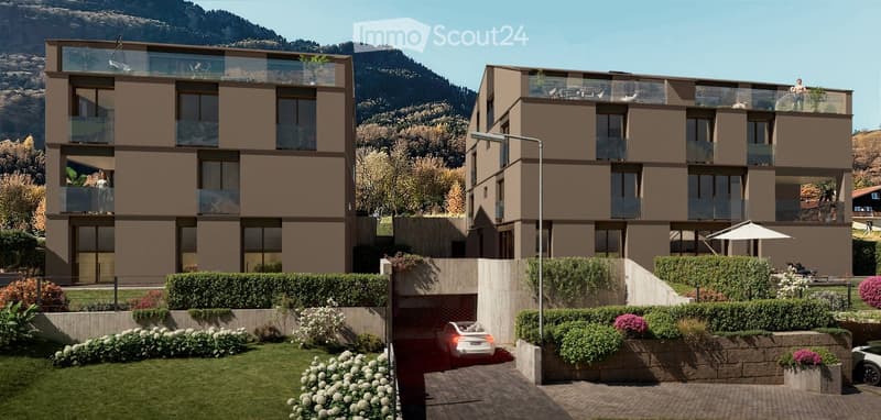 2 story house, brown exterior, glass balconies, raised ground floor, garage, garden, mountain view