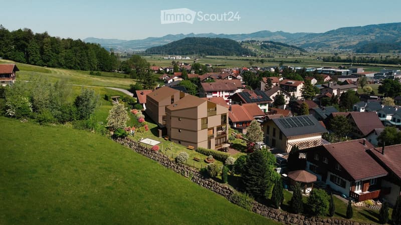 Aerial view of a modern house with solar panels, surrounded by a garden with a playground, located in a village with green fields and mountains in the background.