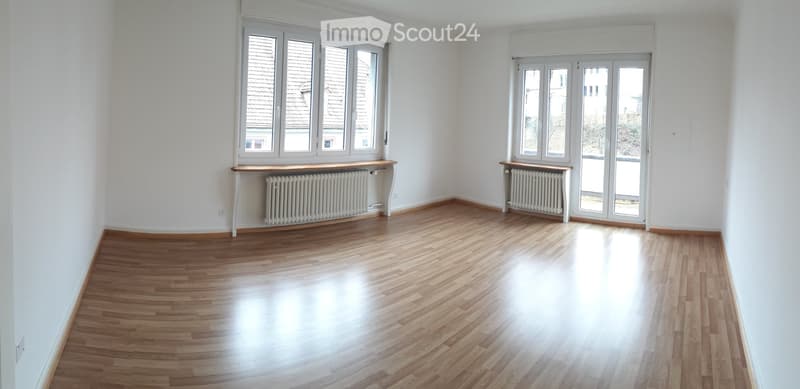 empty room, wooden floor, white walls, two large windows, two radiators