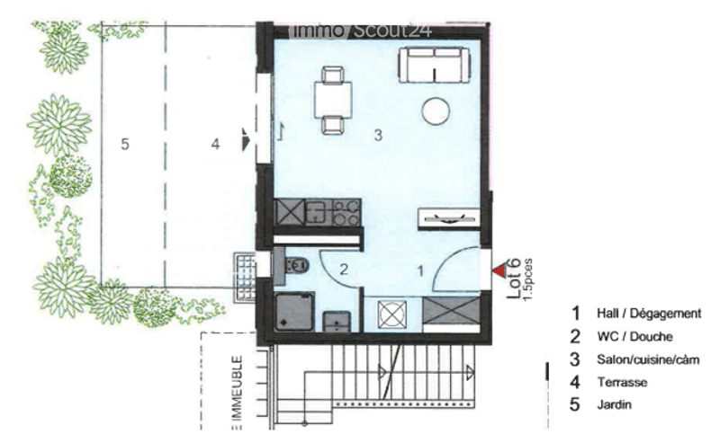 Hall, toilet, living room/kitchen/dining room, bedroom, terrace