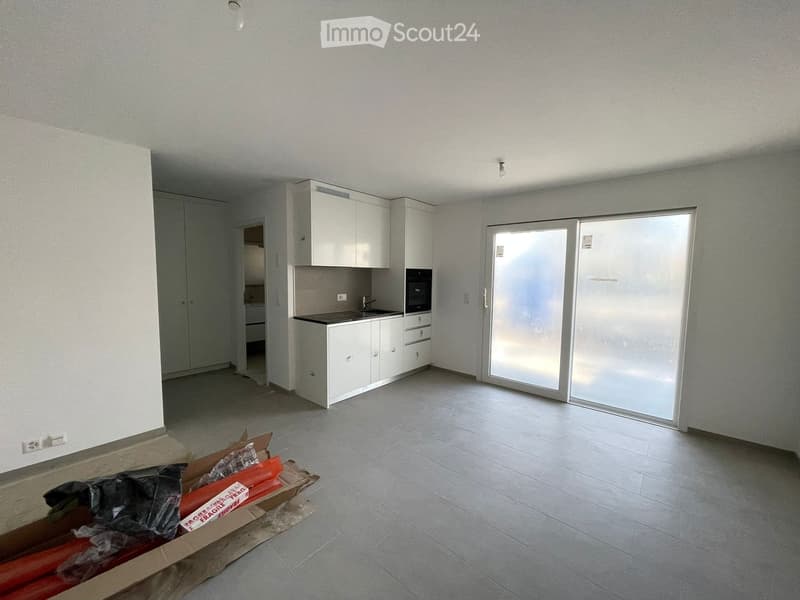 large open room, kitchen with sink and microwave, sliding glass door, cabinets, tile flooring