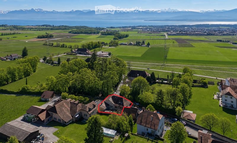Aerial view of a rural residential area with multiple houses, green fields, and a scenic mountain backdrop.
