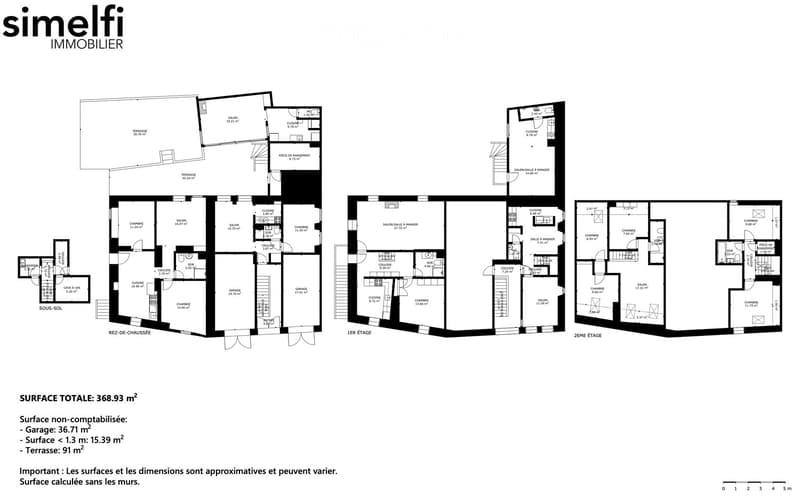 Ground floor: living room, kitchen, 2 bedrooms, 2 bathrooms, terrace, garage. First floor: living room, 3 bedrooms, 2 bathrooms, terrace, balcony.