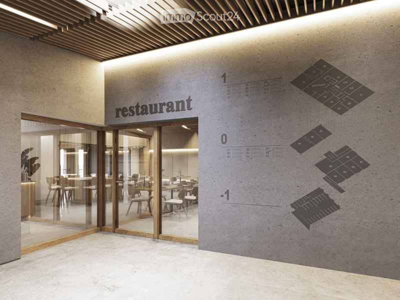 Floor plan of a restaurant with multiple sections, including dining areas and a bar.