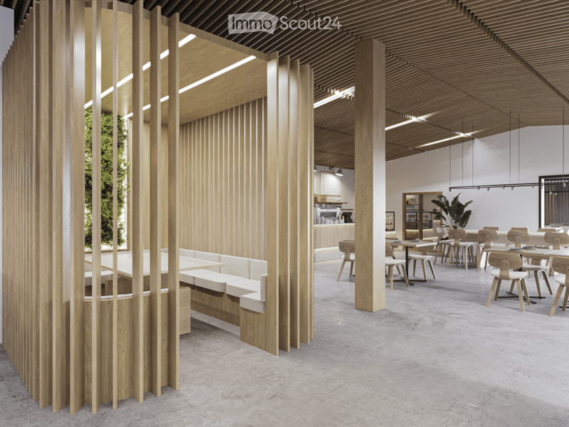 modern interior with wooden walls, white ceiling, white floor, white couch, dining tables, chairs, plants