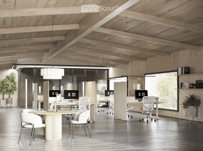 modern office space, wooden ceiling, white walls, round table, white chairs, white desks, monitors, plants