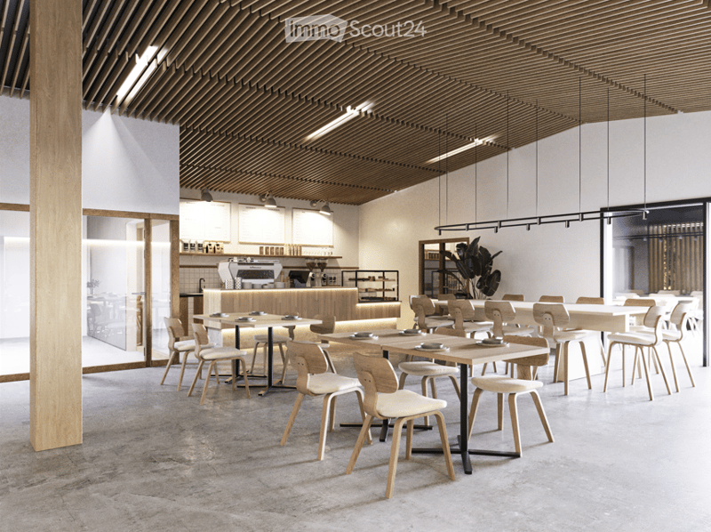 modern interior, wooden tables and chairs, wooden ceiling, open kitchen, large windows