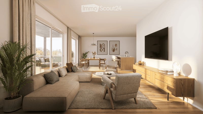 large sofa, wooden floor, dining table, TV, balcony